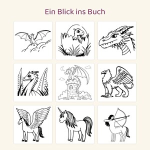 Puede incluir: Una p&aacute;gina de libro para colorear titulada Ein Blick ins Buch con nueve ilustraciones de l&iacute;neas en blanco y negro de criaturas m&iacute;ticas, incluidos dragones, un grifo, un pegaso, un unicornio y un centauro arquero en cuadr&iacute;cula.