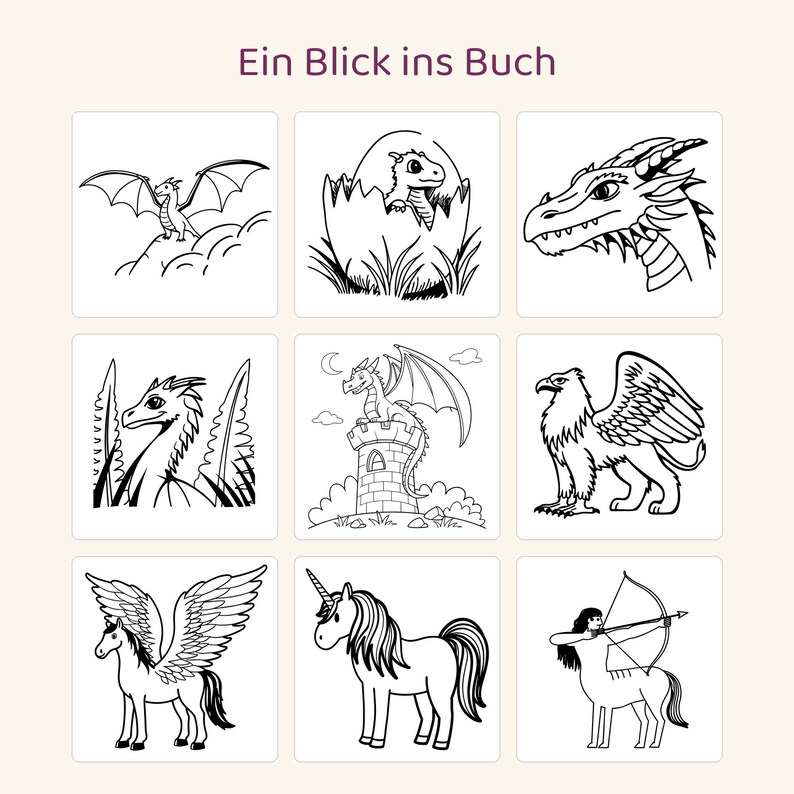 Puede incluir: Una p&aacute;gina de libro para colorear titulada Ein Blick ins Buch con nueve ilustraciones de l&iacute;neas en blanco y negro de criaturas m&iacute;ticas, incluidos dragones, un grifo, un pegaso, un unicornio y un centauro arquero en cuadr&iacute;cula.