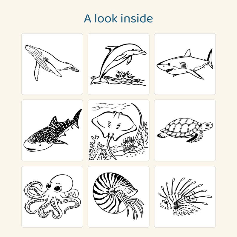 Puede incluir: Una cuadr&iacute;cula de nueve ilustraciones en blanco y negro de animales marinos que incluyen una ballena, delf&iacute;n, tibur&oacute;n, tibur&oacute;n ballena, raya, tortuga marina, pulpo, nautilus y pez le&oacute;n, con el texto A look inside arriba.