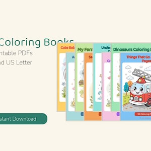 Puede incluir: Una colecci&oacute;n de 10 libros para colorear en PDF imprimibles en tama&ntilde;os A4 y US Letter. Las portadas presentan ilustraciones coloridas, incluido un cami&oacute;n de bomberos rojo con el texto Things That Go - Coloring Pages.