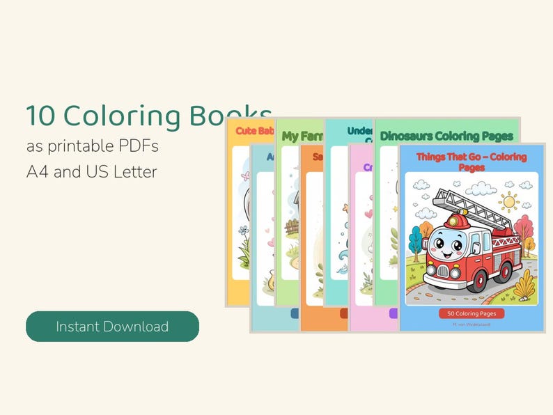 Puede incluir: Una colecci&oacute;n de 10 libros para colorear en PDF imprimibles en tama&ntilde;os A4 y US Letter. Las portadas presentan ilustraciones coloridas, incluido un cami&oacute;n de bomberos rojo con el texto Things That Go - Coloring Pages.