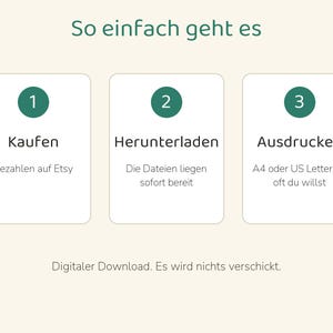 May include: An instructional graphic titled So einfach geht es with three numbered steps in dark green circles. Step 1: Kaufen, Bezahlen auf Etsy. Step 2: Herunterladen, Die Dateien liegen sofort bereit. Step 3: Ausdrucken, A4 oder US Letter, so oft du willst. Digitaler Download. Es wird nichts verschickt.