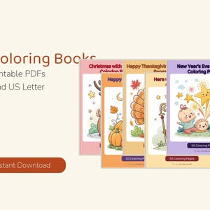May include: Five digital coloring books as printable PDFs in A4 and US Letter sizes. The covers feature illustrations of Christmas, Thanksgiving, and New Year's Eve themes with characters, pumpkins, and fireworks. Each book contains 50 pages.