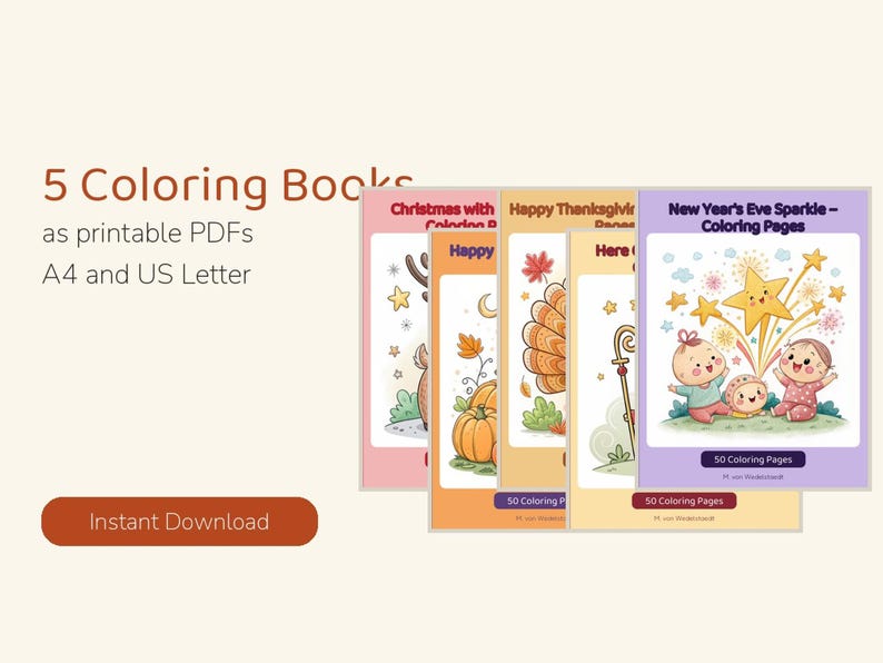 May include: Five digital coloring books as printable PDFs in A4 and US Letter sizes. The covers feature illustrations of Christmas, Thanksgiving, and New Year's Eve themes with characters, pumpkins, and fireworks. Each book contains 50 pages.
