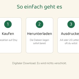 May include: An instructional graphic titled So einfach geht es with three steps: 1 Kaufen, 2 Herunterladen, and 3 Ausdr&uuml;cken. Each step includes descriptive text regarding payment, file access, and printing on A4 or US Letter paper sizes.