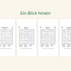 May include: Four white rectangular activity cards featuring black text and word search puzzles. The top text reads Ein Blick hinein. Each card contains a numbered grid of letters, a small icon, and a list of words with checkboxes below the grid.