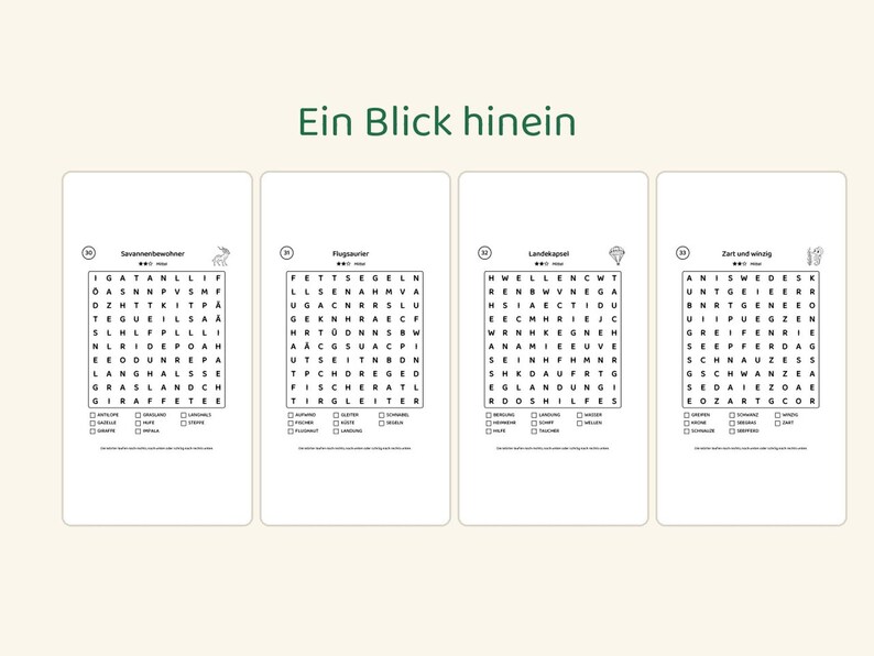 May include: Four white rectangular activity cards featuring black text and word search puzzles. The top text reads Ein Blick hinein. Each card contains a numbered grid of letters, a small icon, and a list of words with checkboxes below the grid.