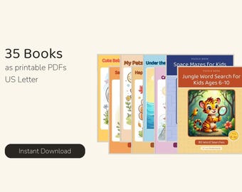 May include: A collection of 35 printable PDF books in US Letter format, featuring colorful covers with titles like Jungle Word Search for Kids Ages 6-10, Space Mazes for Kids, My Pets, and Cute Baby, displayed in a row with an Instant Download button.