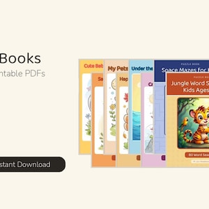 Puede incluir: Una colección de 35 libros PDF imprimibles en formato A4 con portadas coloridas y títulos como Jungle Word Search for Kids Ages 6-10, Space Mazes for Kids, My Pets y Cute Baby. El libro frontal muestra un tigre de dibujos con una lupa.