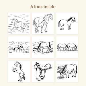 May include: A coloring page titled A look inside featuring nine black and white line art illustrations of horses in various poses, including a horse with a rider, a mare with a foal, a horse eating hay, and a horse saddle.