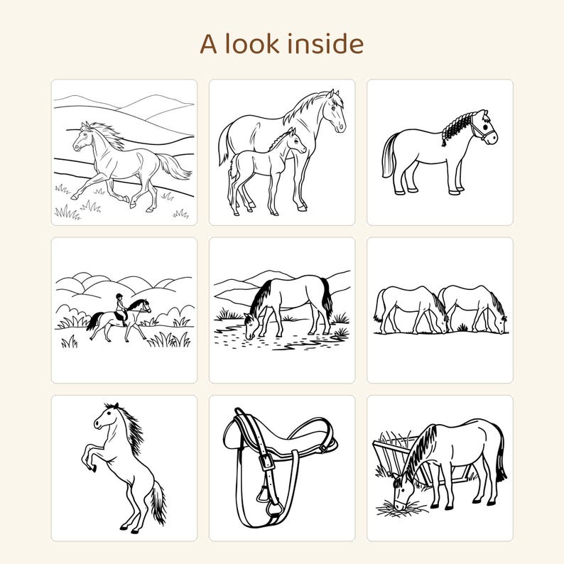 May include: A coloring page titled A look inside featuring nine black and white line art illustrations of horses in various poses, including a horse with a rider, a mare with a foal, a horse eating hay, and a horse saddle.