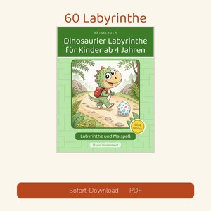 Puede incluir: Un libro de acertijos titulado 60 Labyrinthe que muestra a un dinosaurio verde con una mochila roja caminando por un sendero hacia un huevo manchado. La portada incluye el texto Dinosaurier Labyrinthe F&uuml;r Kinder ab 4 Jahren, Labyrinthe und Malspa&szlig; y M. von Wedelstaedt.