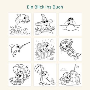 May include: A coloring book page titled Ein Blick ins Buch featuring nine black and white illustrations of sea creatures and characters including a dolphin, starfish, mermaid, swordfish, treasure chest, diver, shell, seal, and sandcastle.