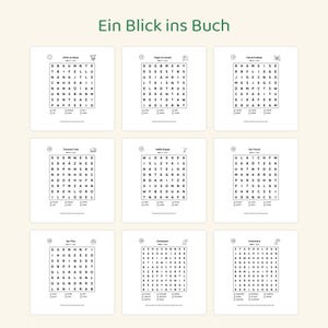 May include: A collection of nine word search puzzles arranged in a grid, each featuring a unique title, a letter grid, and a list of words to find. The text 'Ein Blick ins Buch' is centered at the top of the page, with black text on a white background.