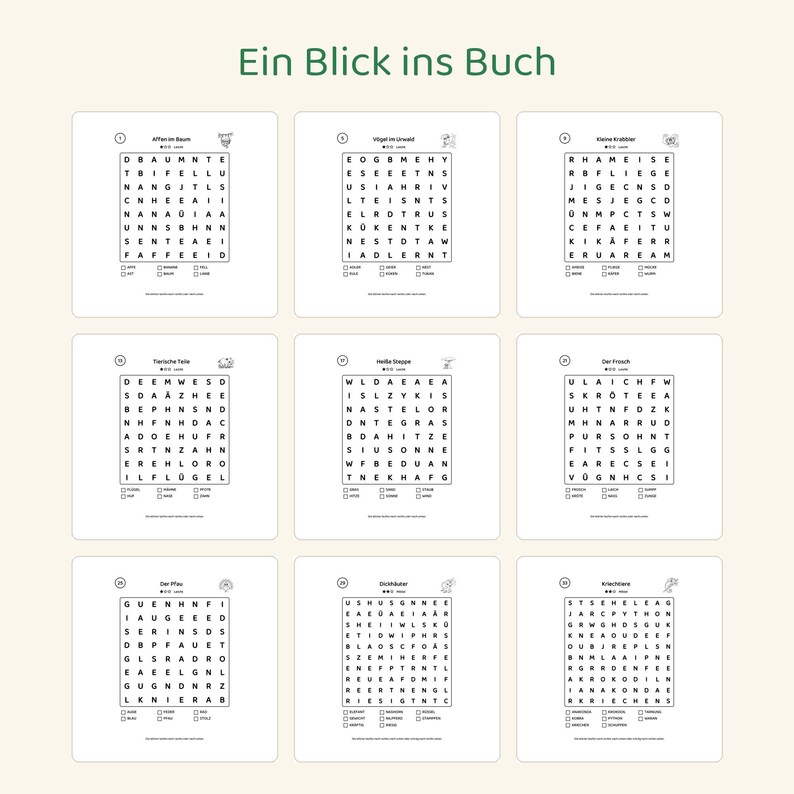 May include: A collection of nine word search puzzles arranged in a grid, each featuring a unique title, a letter grid, and a list of words to find. The text 'Ein Blick ins Buch' is centered at the top of the page, with black text on a white background.