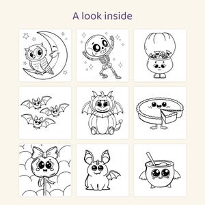 May include: A coloring page set titled A look inside featuring nine black and white illustrations including an owl on a moon, a dancing skeleton, a candy bowl, three bats, a pumpkin dragon, a pie, a candy apple, a bat creature, and a cauldron.