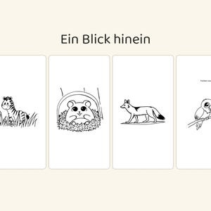 Puede incluir: Cuatro p&aacute;ginas rectangulares para colorear con dibujos de l&iacute;neas en blanco y negro de animales. El texto 'Ein Blick hinein' aparece en la parte superior. Las ilustraciones incluyen una cebra, un h&aacute;mster, un zorro y un p&aacute;jaro.