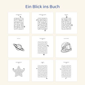 May include: A collection of nine black and white activity pages titled Ein Blick ins Buch, featuring space-themed mazes, a planet with rings, and an astronaut helmet. Each square panel includes German text prompts and line art illustrations.