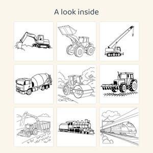 Pu&ograve; includere: Una griglia di nove illustrazioni in bianco e nero di veicoli da costruzione e trasporto con il testo A look inside in alto. Le immagini includono un escavatore, una pala caricatrice, una gru, un'autobetoniera, un rullo compressore, un trattore, una mietitrebbia, una locomotiva a vapore e un treno passeggeri.