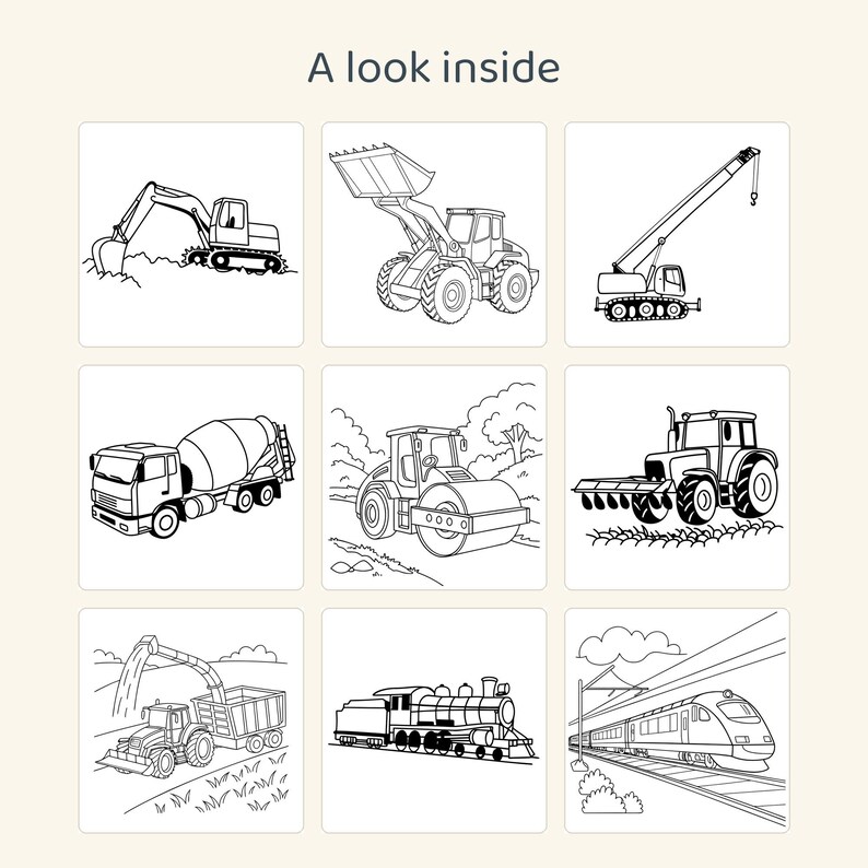 Pu&ograve; includere: Una griglia di nove illustrazioni in bianco e nero di veicoli da costruzione e trasporto con il testo A look inside in alto. Le immagini includono un escavatore, una pala caricatrice, una gru, un'autobetoniera, un rullo compressore, un trattore, una mietitrebbia, una locomotiva a vapore e un treno passeggeri.