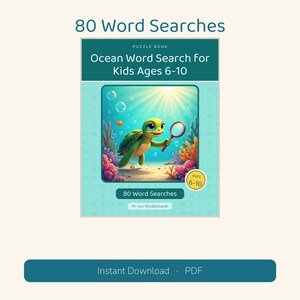 May include: A teal puzzle book titled 80 Word Searches, Ocean Word Search for Kids Ages 6-10 by M. von Wedelstaedt. The cover features a cartoon sea turtle holding a magnifying glass, surrounded by coral, bubbles, and a light-filled ocean.