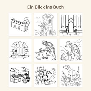 May include: A coloring book page titled Ein Blick ins Buch featuring nine black and white line art illustrations including a castle wall, a tower, a hall, a stone door, a blacksmith, a woodworker, a market stall, a jester, and a dog.