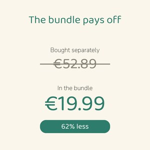 Puede incluir: Una pantalla gr&aacute;fica con el texto The bundle pays off. Debajo, el texto Bought separately se muestra sobre un precio tachado de &euro;52.89. El texto In the bundle aparece sobre el precio &euro;19.99, seguido de un bot&oacute;n que dice 62% less.