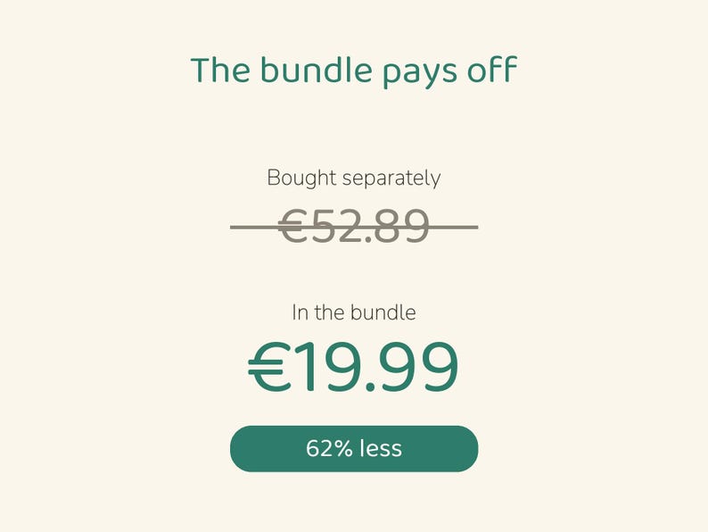 Puede incluir: Una pantalla gr&aacute;fica con el texto The bundle pays off. Debajo, el texto Bought separately se muestra sobre un precio tachado de &euro;52.89. El texto In the bundle aparece sobre el precio &euro;19.99, seguido de un bot&oacute;n que dice 62% less.