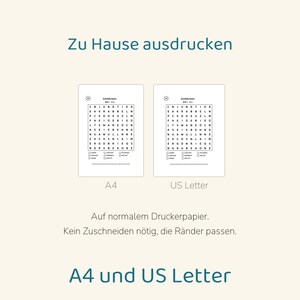 Puede incluir: Una hoja de sopa de letras imprimible titulada Schildkr&ouml;ten con una cuadr&iacute;cula de letras y una lista de palabras para encontrar. El documento est&aacute; disponible en formatos A4 y US Letter, dise&ntilde;ado para imprimir en casa en papel normal.
