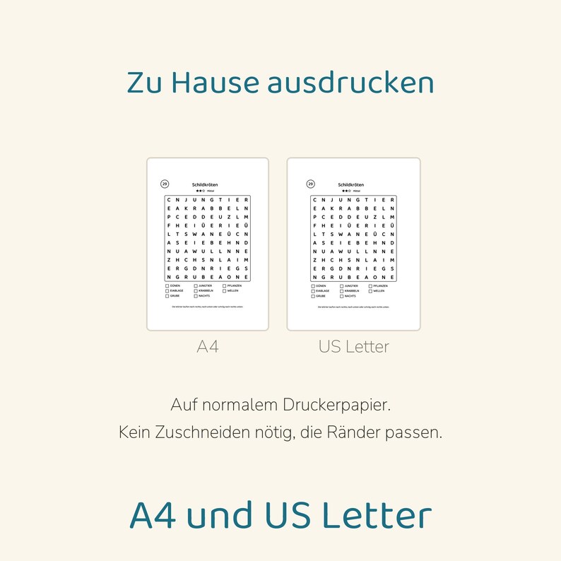 Puede incluir: Una hoja de sopa de letras imprimible titulada Schildkr&ouml;ten con una cuadr&iacute;cula de letras y una lista de palabras para encontrar. El documento est&aacute; disponible en formatos A4 y US Letter, dise&ntilde;ado para imprimir en casa en papel normal.