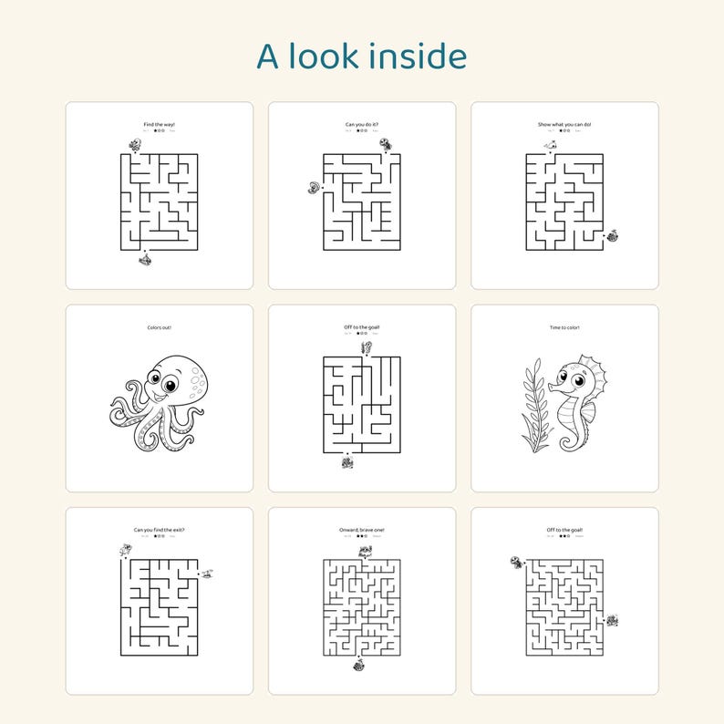 May include: A collection of nine activity pages titled A look inside, featuring black and white line art. The pages include various mazes with small character illustrations and coloring pages of an octopus and a seahorse.