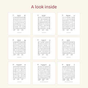 May include: A collection of nine printable word search puzzles arranged in a grid, titled A look inside. Each square puzzle features a holiday theme, including Santa Claus, Door Wreath, Baking Cookies, Candle Light, Wish Upon a Star, Hot Cocoa, Holly and Mistletoe, The Christmas Tree, and Baked Treats, with word lists below each grid.