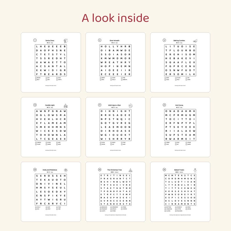 May include: A collection of nine printable word search puzzles arranged in a grid, titled A look inside. Each square puzzle features a holiday theme, including Santa Claus, Door Wreath, Baking Cookies, Candle Light, Wish Upon a Star, Hot Cocoa, Holly and Mistletoe, The Christmas Tree, and Baked Treats, with word lists below each grid.