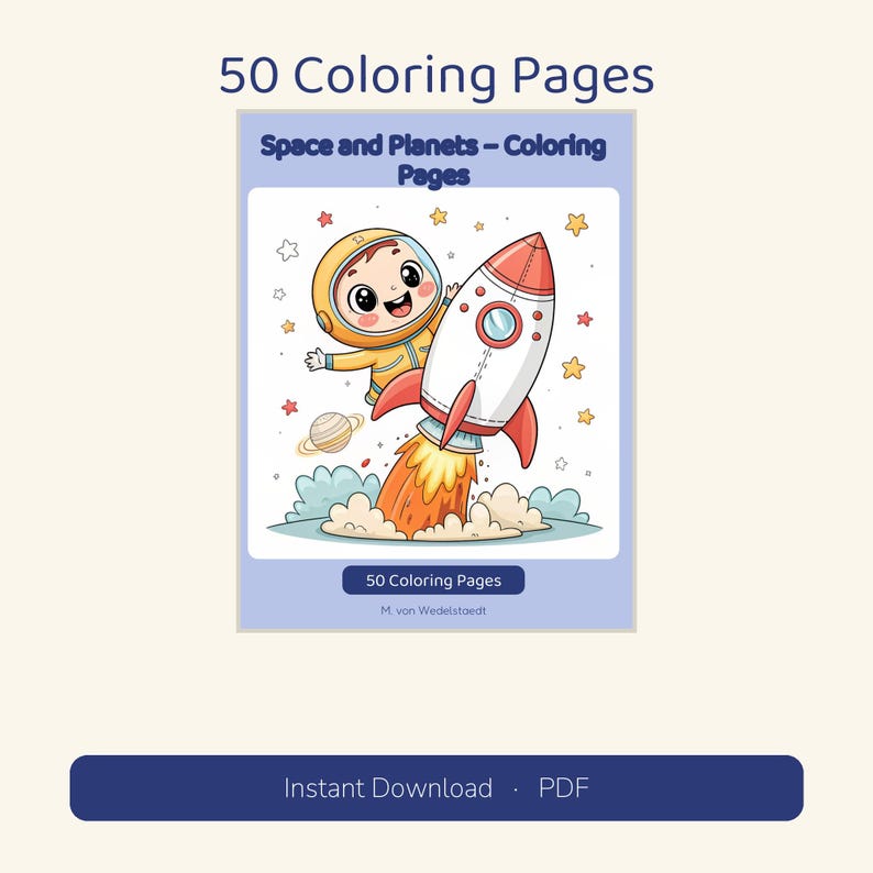 May include: A digital collection of 50 coloring pages titled Space and Planets &ndash; Coloring Pages. The cover features a cartoon astronaut in a yellow suit floating next to a red and white rocket ship with orange flames, surrounded by stars and a planet.