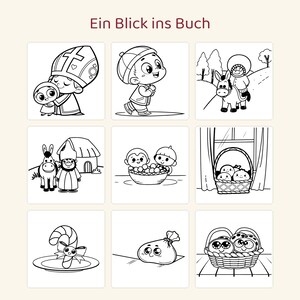 May include: A coloring book page titled Ein Blick ins Buch featuring nine black and white line art illustrations including a figure in a mitre, a child walking, a person riding a donkey, a figure with a donkey, children with fruit, a basket, a candy cane, a sack, and a basket of treats.