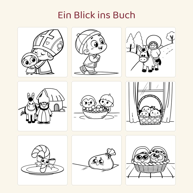 May include: A coloring book page titled Ein Blick ins Buch featuring nine black and white line art illustrations including a figure in a mitre, a child walking, a person riding a donkey, a figure with a donkey, children with fruit, a basket, a candy cane, a sack, and a basket of treats.