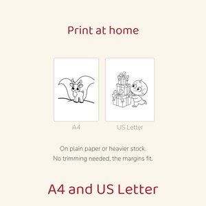 May include: Printable coloring pages in A4 and US Letter formats. The A4 sheet features a reindeer illustration, while the US Letter sheet shows a child with gift boxes. Text includes Print at home, A4, US Letter, and On plain paper or heavier stock. No trimming needed, the margins fit.