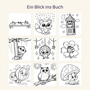 May include: A coloring book page titled Ein Blick ins Buch featuring nine black and white line art illustrations including a party table, a fox, a clock tower, a monkey on a pole, a disco ball, a ladybug, hot air balloons, an owl, and a mushroom.