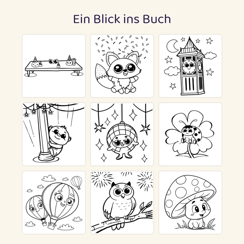 May include: A coloring book page titled Ein Blick ins Buch featuring nine black and white line art illustrations including a party table, a fox, a clock tower, a monkey on a pole, a disco ball, a ladybug, hot air balloons, an owl, and a mushroom.