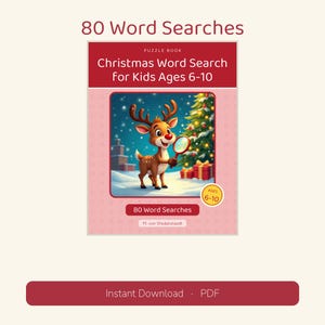 May include: A puzzle book titled 80 Word Searches Christmas Word Search For Kids Ages 6-10. The cover features a cartoon reindeer holding a magnifying glass in a snowy scene with a Christmas tree, gifts, and the author name M. von Wedelstaedt.