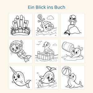 May include: A coloring book page titled Ein Blick ins Buch featuring nine black and white illustrations of sea creatures and nautical themes including a mermaid, a diver, a narwhal, a seal with a ball, and a seagull on a dock.