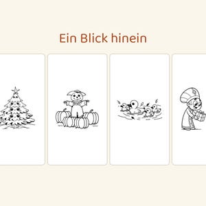 Puede incluir: Cuatro paneles rectangulares con ilustraciones de l&iacute;neas en blanco y negro que muestran un &aacute;rbol de Navidad, un espantap&aacute;jaros entre calabazas, patos en un estanque y una figura dando un regalo a un ni&ntilde;o. El texto Ein Blick hinein est&aacute; arriba.