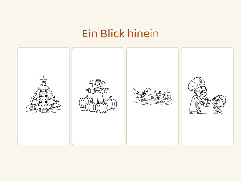Puede incluir: Cuatro paneles rectangulares con ilustraciones de l&iacute;neas en blanco y negro que muestran un &aacute;rbol de Navidad, un espantap&aacute;jaros entre calabazas, patos en un estanque y una figura dando un regalo a un ni&ntilde;o. El texto Ein Blick hinein est&aacute; arriba.