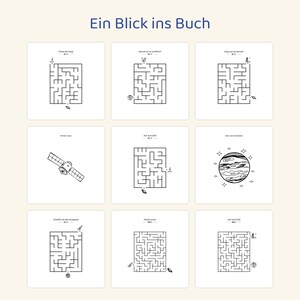 May include: A collection of nine square activity pages titled Ein Blick ins Buch, featuring black and white line art mazes, space-themed illustrations including a satellite and a planet, and German text prompts above each individual puzzle.