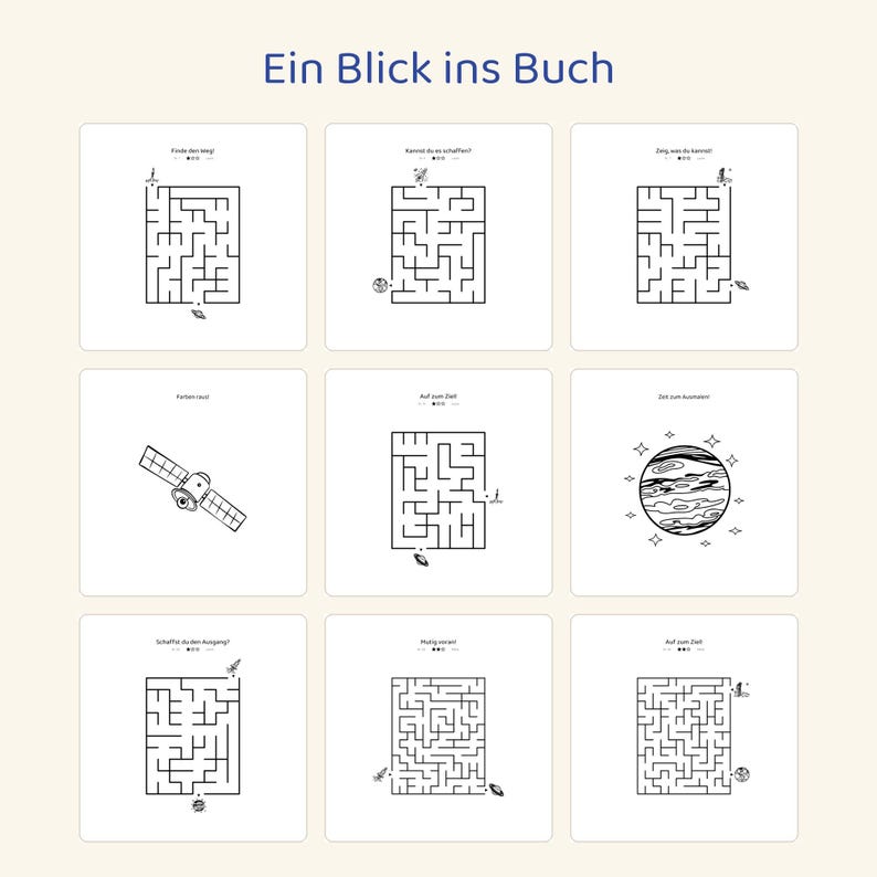 May include: A collection of nine square activity pages titled Ein Blick ins Buch, featuring black and white line art mazes, space-themed illustrations including a satellite and a planet, and German text prompts above each individual puzzle.
