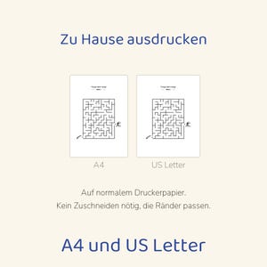 May include: Two printable maze activity sheets featuring the German text 'Folge dem Weg!' and three stars. The image displays A4 and US Letter size options with the text 'Zu Hause ausdrucken', 'Auf normalem Druckerpapier', 'Kein Zuschneiden n&ouml;tig, die R&auml;nder passen', and 'A4 und US Letter'.
