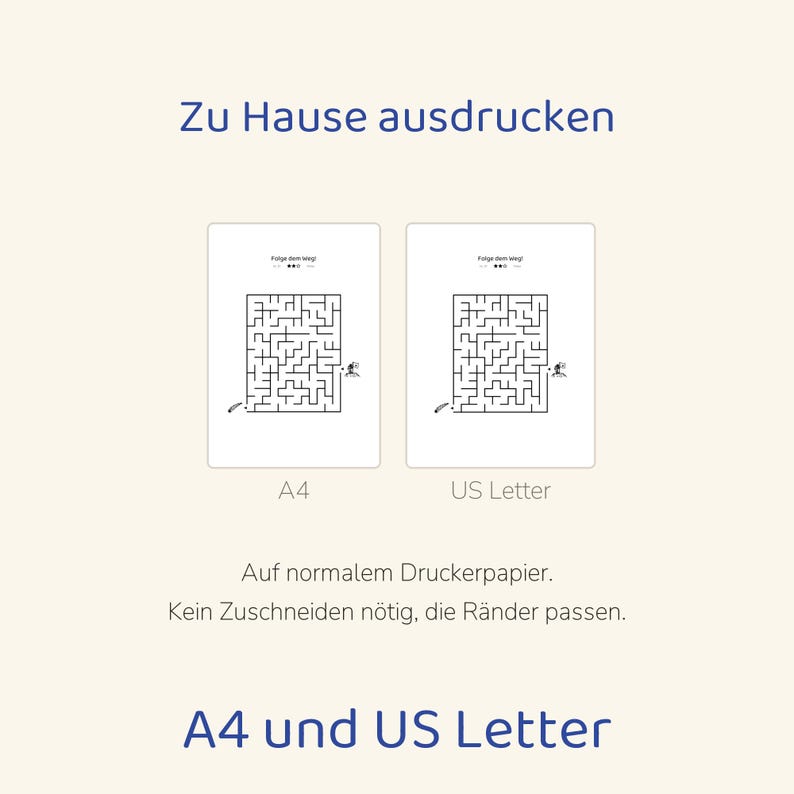 May include: Two printable maze activity sheets featuring the German text 'Folge dem Weg!' and three stars. The image displays A4 and US Letter size options with the text 'Zu Hause ausdrucken', 'Auf normalem Druckerpapier', 'Kein Zuschneiden n&ouml;tig, die R&auml;nder passen', and 'A4 und US Letter'.