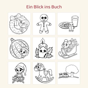 May include: A coloring book page titled Ein Blick ins Buch featuring nine black and white illustrations including a wreath, gingerbread person, cookies with milk, ornament, candle, mouse in a sleigh, elf, rocking horse, and a train.