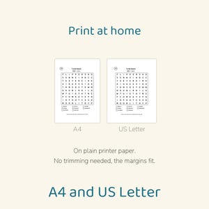 May include: Two printable word search puzzles titled Turtle Beach, displayed on A4 and US Letter paper sizes. The black and white grid contains letters and a list of words to find. Text includes Print at home, On plain printer paper, No trimming needed, the margins fit, and A4 and US Letter.