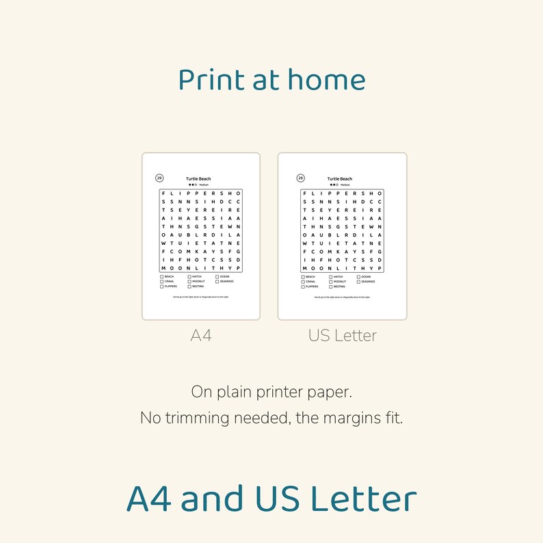 May include: Two printable word search puzzles titled Turtle Beach, displayed on A4 and US Letter paper sizes. The black and white grid contains letters and a list of words to find. Text includes Print at home, On plain printer paper, No trimming needed, the margins fit, and A4 and US Letter.